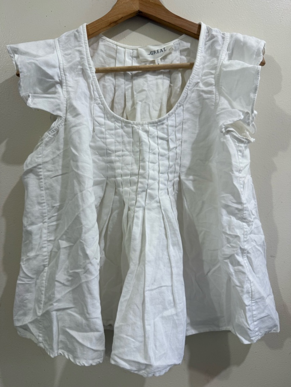 THE GREAT. White Pintuck Scoop Neck Flutter Top - Picture 3 of 5